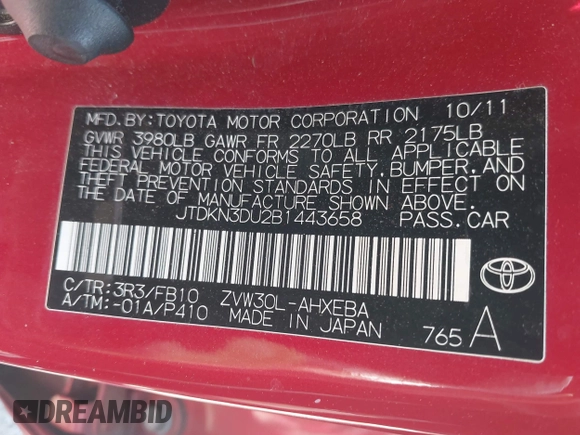 2011 Toyota Prius I with VIN JTDKN3DU2B1443658, listed as a IAAI auction lot 42141442 with 169,456 mi miles. Bid and sale history available at carsss.com. Image 9.