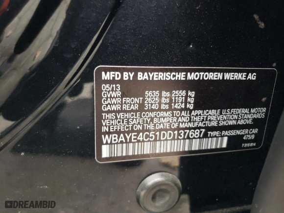 2013 BMW 7 Series 740Li with VIN WBAYE4C51DD137687, listed as a Copart auction lot 76103944 with 134,609 mi miles and Salvage Title. Bid and sale history available at carsss.com. Image 12.