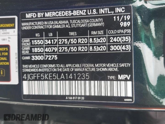 2020 Mercedes-Benz GLS with VIN 4JGFF5KE5LA141235, listed as a Copart auction lot 63259642 with 44,230 mi miles. Bid and sale history available at carsss.com. Image 10.