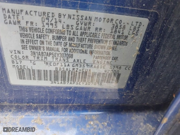 2014 Nissan Sentra SV with VIN 3N1AB7AP5EY307098, listed as a IAAI auction lot 42014996 with 184,716 mi miles. Bid and sale history available at carsss.com. Image 9.