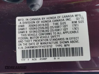 2015 Honda CR-V EX-L with VIN 2HKRM3H77FH519752, listed as a IAAI auction lot 41936342 with 73,378 mi miles. Bid and sale history available at carsss.com. Image 9.