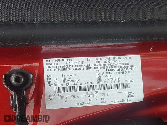 2018 Ford Focus SE with VIN 1FADP3F25JL265039, listed as a IAAI auction lot 42352050 with 140,127 mi miles and . Bid and sale history available at DreamBid. Image 9.