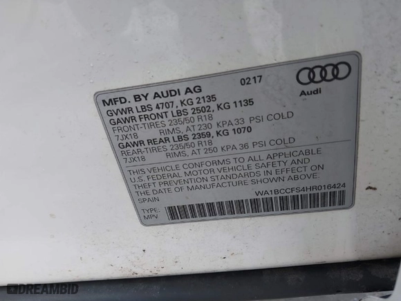 2017 Audi Q3 Premium with VIN WA1BCCFS4HR016424, listed as a IAAI auction lot 41627278 with 60,028 mi miles. Bid and sale history available at carsss.com. Image 9.