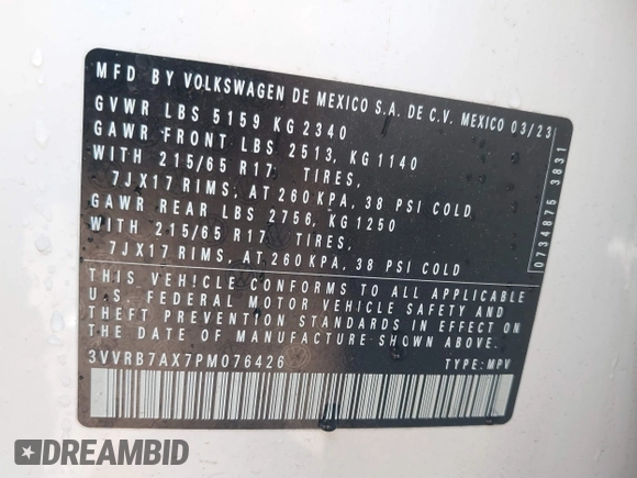 2023 Volkswagen Tiguan S z VIN 3VVRB7AX7PM076426, wystawiony jako IAAI lot #41453269 z przebiegiem 63 478 mil mil oraz . Historia ofert i sprzedaży dostępna na DreamBid. Obrazek 9.
