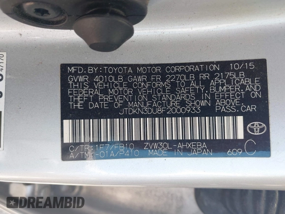 2015 Toyota Prius Four with VIN JTDKN3DU8F2000933, listed as a IAAI auction lot 42113155 with 212,443 mi miles and . Bid and sale history available at DreamBid. Image 9.