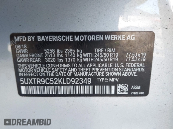 2019 BMW X3 xDrive30i with VIN 5UXTR9C52KLD92349, listed as a IAAI auction lot 41962148 with Not Provided miles and . Bid and sale history available at DreamBid. Image 9.