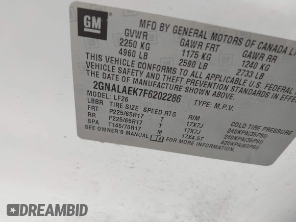 2015 Chevrolet Equinox LS with VIN 2GNALAEK7F6202286, listed as a IAAI auction lot 41948915 with 183,359 mi miles and . Bid and sale history available at DreamBid. Image 9.