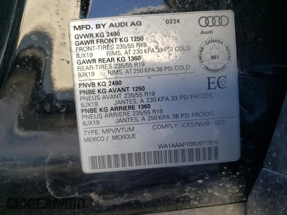 2024 Audi Q5 Komfort with VIN WA1AAAFY0R2077810, listed as a Copart auction lot 83154204 with 14,384 mi miles and Salvage Title. Bid and sale history available at carsss.com. Image 14.