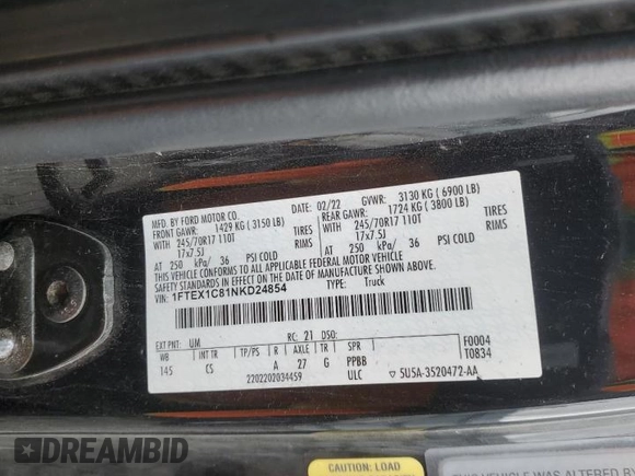 2022 Ford F-150 XL z VIN 1FTEX1C81NKD24854, wystawiony jako Copart lot #55755525 z przebiegiem 87 072 mil mil oraz Szkoda całkowita • Salvage title. Historia ofert i sprzedaży dostępna na DreamBid. Obrazek 13.