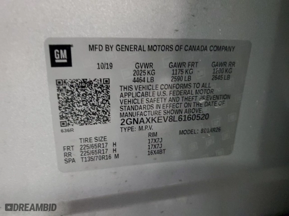 2020 Chevrolet Equinox LT with VIN 2GNAXKEV8L6160520, listed as a Copart auction lot 45737775 with 135,873 mi miles and Salvage Title. Bid and sale history available at carsss.com. Image 14.