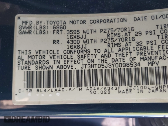2000 Toyota Land Cruiser z VIN JT3HT05J3Y0098534, wystawiony jako IAAI lot #41054858 z przebiegiem 336 520 mil mil oraz . Historia ofert i sprzedaży dostępna na DreamBid. Obrazek 9.