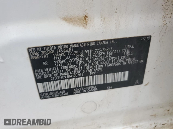 2011 Toyota RAV4 Limited with VIN 2T3DF4DV1BW106761, listed as a Copart auction lot 46796635 with 218,931 mi miles and Clean Title. Bid and sale history available at DreamBid. Image 13.