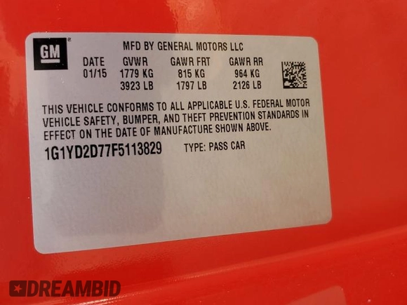 2015 Chevrolet Corvette 2LT with VIN 1G1YD2D77F5113829, listed as a Copart auction lot 45897333 with 11,002 mi miles. Bid and sale history available at carsss.com. Image 12.
