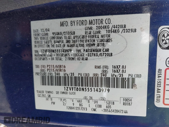 2005 Ford Mustang Deluxe with VIN 1ZVFT80N555143979, listed as a IAAI auction lot 42502001 with 201,721 mi miles and . Bid and sale history available at DreamBid. Image 9.
