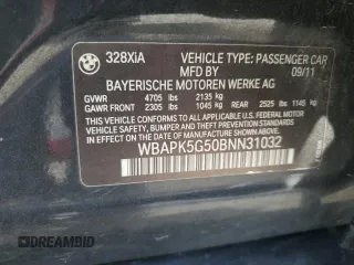 2011 BMW 3 Series 328i xDrive with VIN WBAPK5G50BNN31032, listed as a Copart auction lot 63237195 with 138,197 mi miles and Salvage title. Bid and sale history available at DreamBid. Image 12.