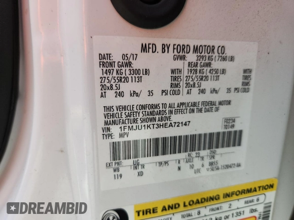 2017 Ford Expedition Limited with VIN 1FMJU1KT3HEA72147, listed as a Copart auction lot 64715705 with 136,876 mi miles and Clean title. Bid and sale history available at DreamBid. Image 13.