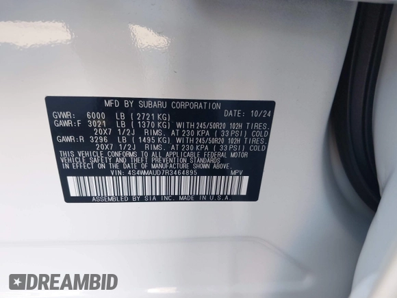 2024 Subaru Ascent Limited z VIN 4S4WMAUD7R3464895, wystawiony jako IAAI lot #41425701 z przebiegiem 670 mil mil oraz . Historia ofert i sprzedaży dostępna na DreamBid. Obrazek 9.