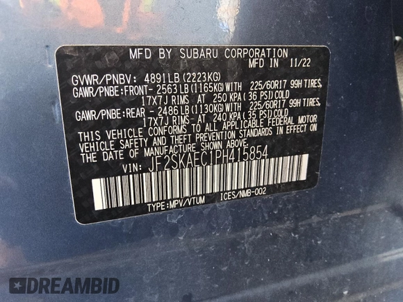 2023 Subaru Forester Premium z VIN JF2SKAEC1PH415854, wystawiony jako Copart lot #62348795 z przebiegiem 93 742 mil mil oraz Czysty tytuł • Clean title. Historia ofert i sprzedaży dostępna na DreamBid. Obrazek 13.
