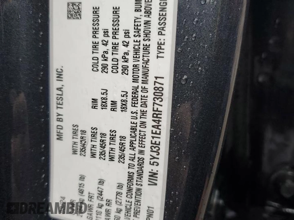 2024 Tesla Model 3 with VIN 5YJ3E1EA4RF730871, listed as a Copart auction lot 49066165 with 9,030 mi miles and Salvage Title. Bid and sale history available at carsss.com. Image 13.