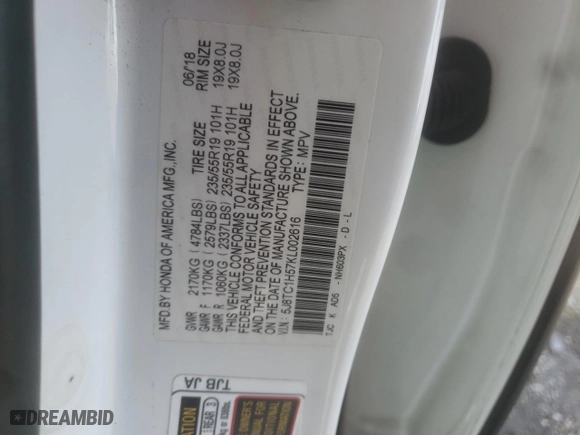 2019 Acura RDX w/Technology Pkg with VIN 5J8TC1H57KL002616, listed as a Copart auction lot 45352145 with 124,502 mi miles and Salvage Title. Bid and sale history available at carsss.com. Image 13.