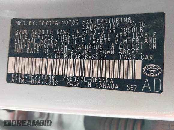 2016 Toyota Corolla L z VIN 2T1BURHE0GC645202, wystawiony jako IAAI lot #42206692 z przebiegiem 147 227 mil mil oraz . Historia ofert i sprzedaży dostępna na DreamBid. Obrazek 9.