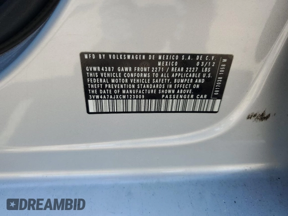 2012 Volkswagen Jetta PZEV with VIN 3VW4A7AJXCM123009, listed as a Copart auction lot 63573145 with 242,860 mi miles and Clean title. Bid and sale history available at DreamBid. Image 12.