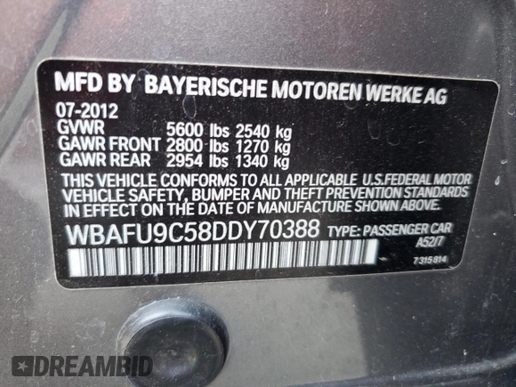 2013 BMW 5 Series 550i xDrive with VIN WBAFU9C58DDY70388, listed as a Copart auction lot 78500474 with 38,005 mi miles and Clean Title. Bid and sale history available at carsss.com. Image 12.