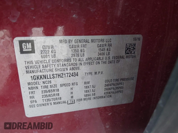 2017 GMC Acadia SLE with VIN 1GKKNLLS7HZ172434, listed as a IAAI auction lot 42114189 with 79,472 mi miles and . Bid and sale history available at DreamBid. Image 9.