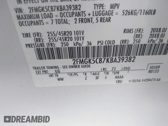 2019 Ford Flex SEL z VIN 2FMGK5C87KBA39382, wystawiony jako IAAI lot #42085354 z przebiegiem 73 273 mil mil oraz . Historia ofert i sprzedaży dostępna na DreamBid. Obrazek 9.
