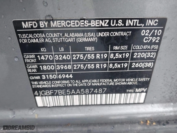 2010 Mercedes-Benz GL-Class GL 450 with VIN 4JGBF7BE5AA587487, listed as a IAAI auction lot 41208541 with 1 mi miles. Bid and sale history available at carsss.com. Image 9.