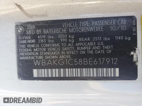 2011 BMW 3 Series 335is with VIN WBAKG1C58BE617912, listed as a Copart auction lot 55676865 with Not provided miles and Salvage title. Bid and sale history available at DreamBid. Image 12.