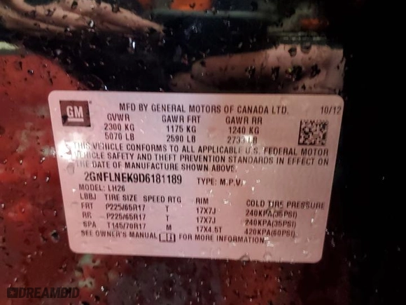 2013 Chevrolet Equinox LT with VIN 2GNFLNEK9D6181189, listed as a Copart auction lot 53377285 with 119,756 mi miles and Salvage Title. Bid and sale history available at carsss.com. Image 13.