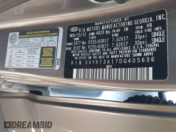2013 Kia Sorento LX with VIN 5XYKT3A17DG405636, listed as a IAAI auction lot 42595956 with 192,632 mi miles and . Bid and sale history available at DreamBid. Image 9.