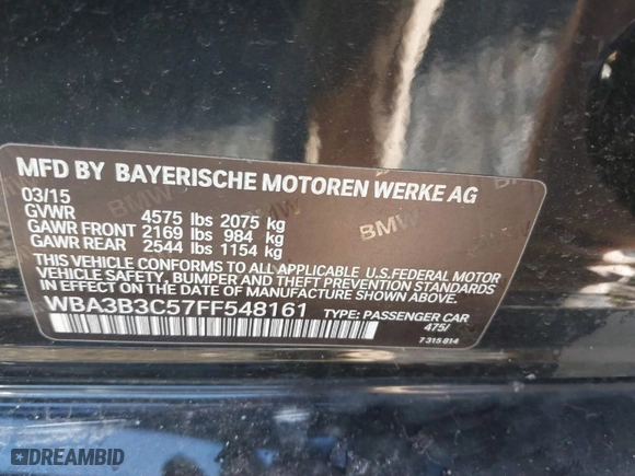 2015 BMW 3 Series 328i xDrive with VIN WBA3B3C57FF548161, listed as a IAAI auction lot 40383957 with NaN miles. Bid and sale history available at carsss.com. Image 9.
