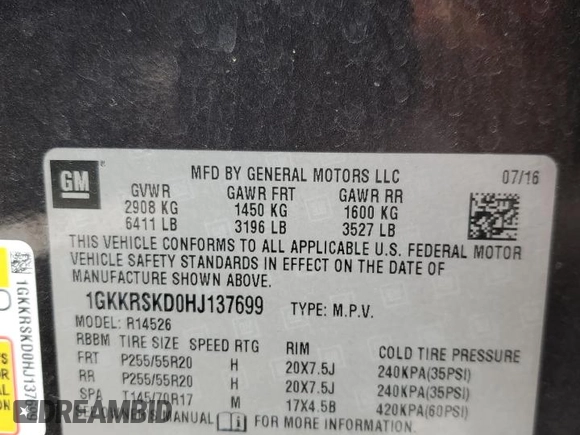 2017 GMC Acadia Limited z VIN 1GKKRSKD0HJ137699, wystawiony jako Copart lot #55746365 z przebiegiem 196 440 mil mil oraz Szkoda całkowita • Salvage title. Historia ofert i sprzedaży dostępna na DreamBid. Obrazek 14.