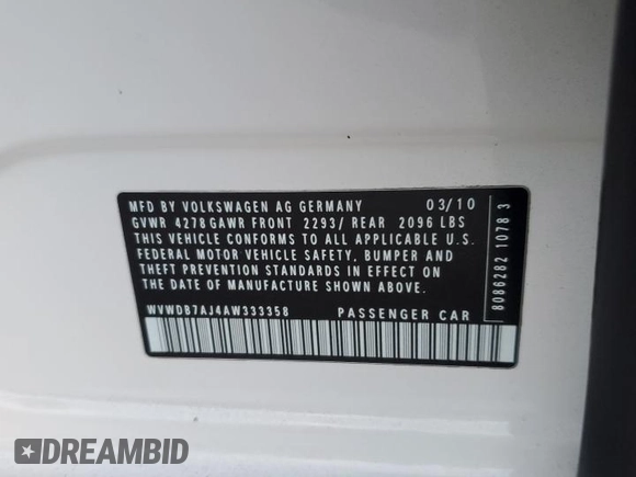 2010 Volkswagen Golf с VIN WVWDB7AJ4AW333358, выставлен на аукционе Copart как лот 82604394 с пробегом 126 945 миль миль и Списание • Salvage title. История ставок и продаж доступна на DreamBid. Изображение 14.