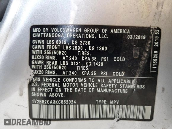 2019 Volkswagen Atlas SEL R-Line with VIN 1V2RR2CA3KC552024, listed as a Copart auction lot 55373015 with 110,655 mi miles and Salvage title. Bid and sale history available at DreamBid. Image 13.