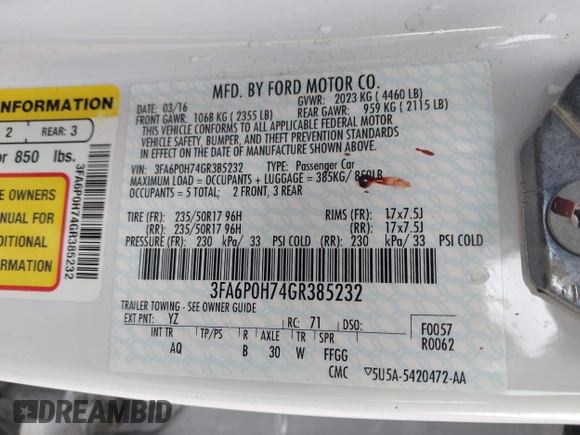 2016 Ford Fusion SE with VIN 3FA6P0H74GR385232, listed as a IAAI auction lot 42035002 with 88,211 mi miles and . Bid and sale history available at DreamBid. Image 9.