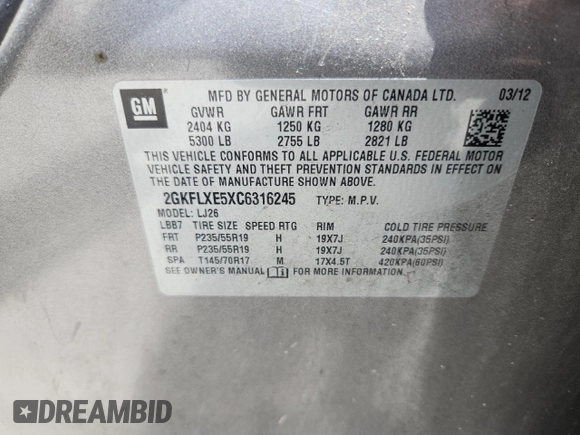 2012 GMC Terrain SLT-2 with VIN 2GKFLXE5XC6316245, listed as a Copart auction lot 62880435 with Not provided miles and Clean title. Bid and sale history available at DreamBid. Image 13.