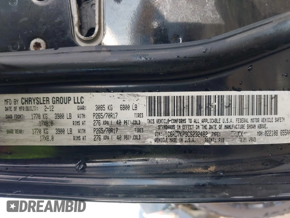 2012 Ram 1500 Tradesman with VIN 1C6RD7KP9CS232482, listed as a IAAI auction lot 41878529 with 107,410 mi miles and . Bid and sale history available at DreamBid. Image 9.