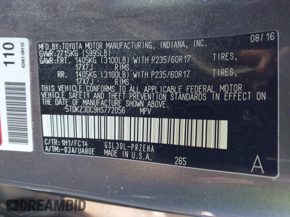 2017 Toyota Sienna LE Auto Access Seat с VIN 5TDKZ3DC9HS772056, выставлен на аукционе IAAI как лот 41435461 с пробегом 158 777 миль миль и . История ставок и продаж доступна на DreamBid. Изображение 9.