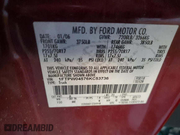 2006 Ford F-150 XLT with VIN 1FTPW04576KC53736, listed as a Copart auction lot 82141344 with 252,185 mi miles and Salvage Title. Bid and sale history available at carsss.com. Image 12.