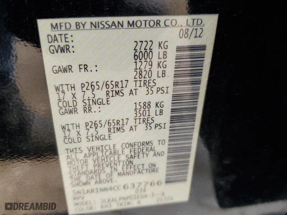 2012 Nissan Pathfinder SV with VIN 5N1AR1NN4CC637766, listed as a Copart auction lot 52131225 with 113,494 mi miles and Salvage Title. Bid and sale history available at carsss.com. Image 14.
