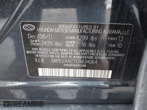 2012 Hyundai Sonata Limited with VIN 5NPEC4AC7CH434064, listed as a IAAI auction lot 41804365 with 107,835 mi miles and . Bid and sale history available at DreamBid. Image 9.
