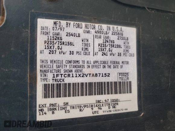 1997 Ford Ranger XLT with VIN 1FTCR11X2VTA87152, listed as a Copart auction lot 81559504 with 261,925 mi miles and Salvage title. Bid and sale history available at DreamBid. Image 12.