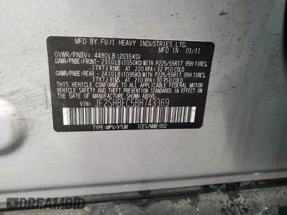 2011 Subaru Forester X Limited with VIN JF2SHBEC5BH743369, listed as a Copart auction lot 60729895 with 148,780 mi miles and Non repairable. Bid and sale history available at DreamBid. Image 13.