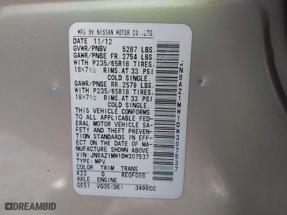 2013 Nissan Murano SL with VIN JN8AZ1MW1DW307537, listed as a IAAI auction lot 41635886 with 151,028 mi miles. Bid and sale history available at carsss.com. Image 9.
