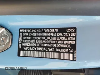2022 Porsche Taycan 4 z VIN WP0BA2Y18NSA67684, wystawiony jako Copart lot #59850015 z przebiegiem 14 168 mil mil oraz Czysty tytuł • Clean title. Historia ofert i sprzedaży dostępna na DreamBid. Obrazek 13.