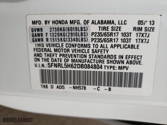 2013 Honda Odyssey EX-L with VIN 5FNRL5H62DB084804, listed as a Copart auction lot 51113985 with 173,045 mi miles and Non Repairable. Bid and sale history available at carsss.com. Image 13.