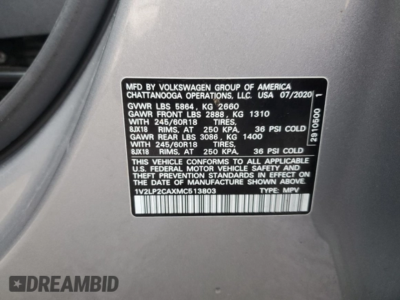 2021 Volkswagen Atlas SE z VIN 1V2LP2CAXMC513803, wystawiony jako Copart lot #46808555 z przebiegiem 99 909 mil mil oraz Szkody całkowita. Historia ofert i sprzedaży dostępna na DreamBid. Obrazek 15.